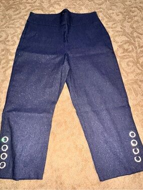 JM Collection Navy Blue Sparkly Capris with Rhinestone Grommet Detail